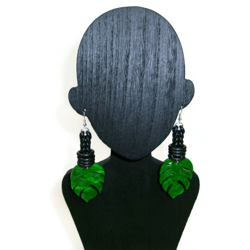 Womens Ear Candy Statement Drop Earrings Green Acrylic Leaf &amp; Rubber Design